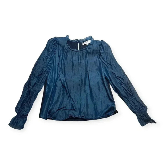 Sea New York Womens Blue Silk Lined Ruffle Puff Sleeve Blouse Sz Xs Black Classy - Picture 1 of 10
